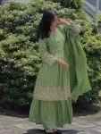 DESIGNER CHINON SILK EMBROIDERY SEQUENCE WORK KEDIYA STYLE TOP PALAZZO WITH DUPATTA GREEN