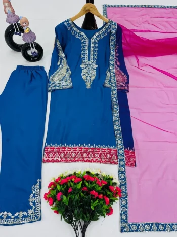 DESIGNER CHINON SILK EMBROIDERY SEQUENCE WORK TOP BOTTOM WITH DUPATTA BLUE