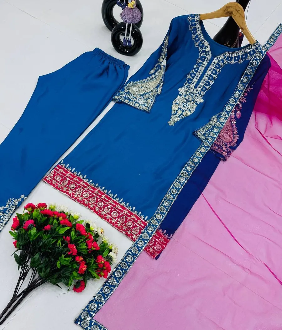 DESIGNER CHINON SILK EMBROIDERY SEQUENCE WORK TOP BOTTOM WITH DUPATTA FESTIVE WEAR WHOLESALE PRICE ETHNIC GARMENT (2)