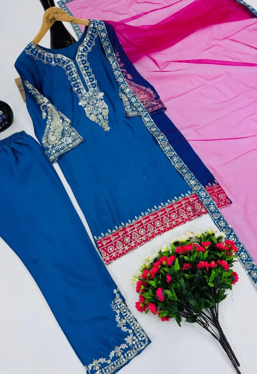 DESIGNER CHINON SILK EMBROIDERY SEQUENCE WORK TOP BOTTOM WITH DUPATTA FESTIVE WEAR WHOLESALE PRICE ETHNIC GARMENT (3)
