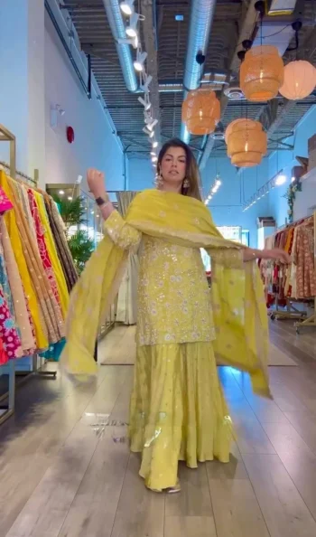 DESIGNER CHINON SILK EMBROIDERY THREAD & SEQUENCE WORK TOP PALAZZO WITH DUPATTA YELLOW