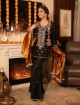 DESIGNER CHINON SILK SEQUENCE & ZARI EMBROIDERY WITH FANCY LACE WORK TOP PALAZZO WITH DUPATTA BLACK AND YELLOW
