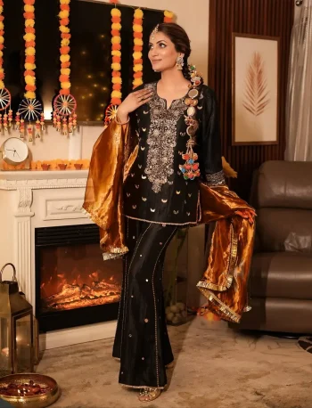 DESIGNER CHINON SILK SEQUENCE & ZARI EMBROIDERY WITH FANCY LACE WORK TOP PALAZZO WITH DUPATTA BLACK AND YELLOW