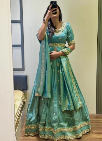 DESIGNER CHINON SILK THREAD & PIPE SEQUENCE WORK TOP LEHENGA WITH DUPATTA RAMA