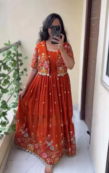 DESIGNER CREPE EMBROIDERY SEQUENCE WORK GOWN WITH KOTI ORANGE