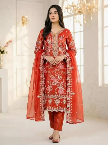 DESIGNER CRUNCHY SILK EMBROIDERY SEQUENCE WORK TOP BOTTOM WITH DUPATTA ORANGE
