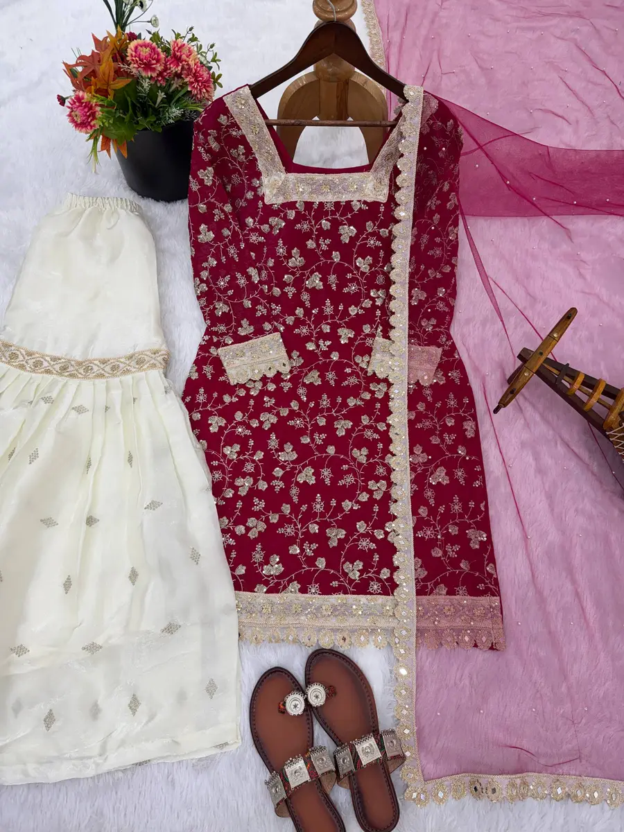 DESIGNER CRUNCHY SILK EMBROIDERY SEQUENCE WORK TOP SHARARA WITH DUPATTA FESTIVE WEAR WHOLESALE PRICE ETHNIC GARMENT (1)