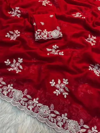 DESIGNER CRUSH SILK SEQUENCE EMBROIDERY WORK SAREE WITH UNSTITCHED BLOUSE RED