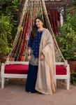 DESIGNER VELVET THREAD & SEQUENCE WORK WITH PEARL WORK TOP PALAZZO WITH DUPATTA BLUE