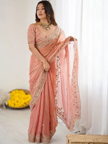 DESIGNER FENDY CHIFFON EMBROIDERY SEQUENCE CUT WORK LACE WORK SAREE WITH UNSTITCHED BLOUSE PEACH