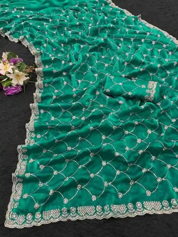 DESIGNER FENDY CHIFFON SILK SEQUENCE EMBROIDERY WORK WITH CUT WORK BORDER WORK SAREE WITH UNSTITCHED BLOUSE RAMA