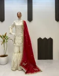 DESIGNER FENDY REAL MIRROR AND SEQUENCE EMBROIDERY WORK TOP SHARARA WITH DUPATTA WHITE AND RED
