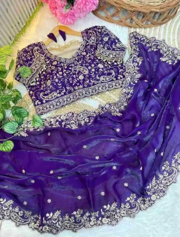 DESIGNER FENDY SATIN EMBROIDERY SEQUENCE WORK HEAVY BORDER WITH BUTTI WORK SAREE WITH STITCHED BLOUSE PURPLE