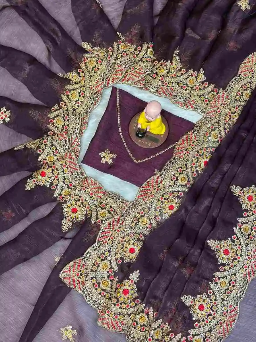 DESIGNER FENDY SATIN EMBROIDERY WORK AND MULTI THREAD WORK WITH ARC CUT WORK BORDER WORK SAREE WITH UNSTITCHED BLOUSE WEDDING WEAR WHOLESALE PRICE ETHNIC GARMENT (11).jpg.webp