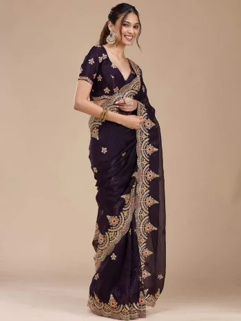 DESIGNER FENDY SATIN EMBROIDERY WORK AND MULTI THREAD WORK WITH ARC CUT WORK BORDER WORK SAREE WITH UNSTITCHED BLOUSE WINE