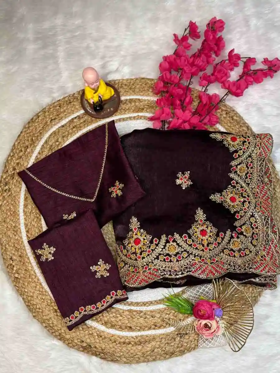 DESIGNER FENDY SATIN EMBROIDERY WORK AND MULTI THREAD WORK WITH ARC CUT WORK BORDER WORK SAREE WITH UNSTITCHED BLOUSE WEDDING WEAR WHOLESALE PRICE ETHNIC GARMENT (8).jpg.webp