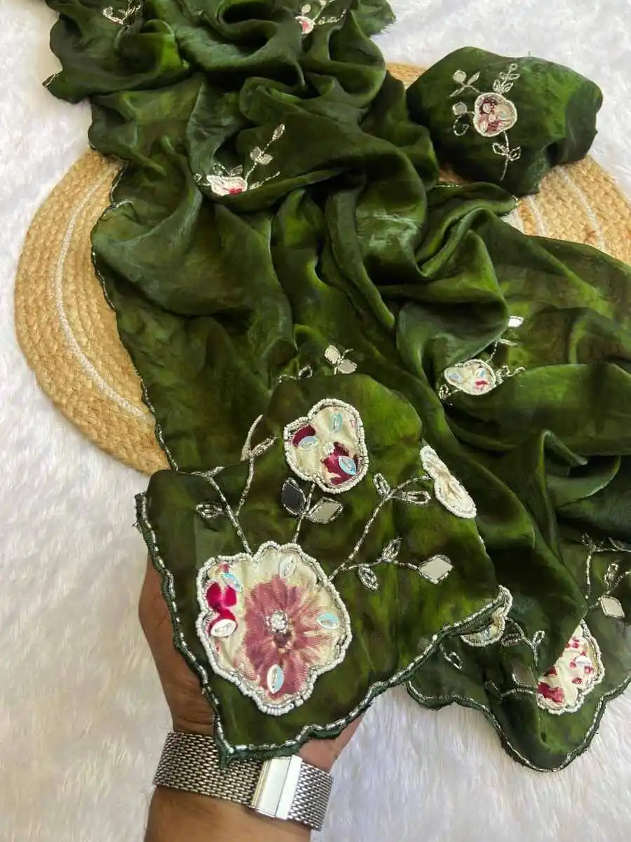 DESIGNER FENDY SATIN HAND WORK AND PATCH WORK BUTTA WORK SAREE WITH UNSTITCHED BLOUSE WEDDING WEAR WHOLESALE PRICE ETHNIC GARMENT (11)