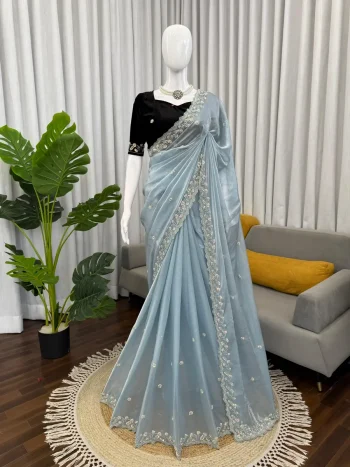 DESIGNER FENDY SILK BEADS WITH THREAD & SEQUENCE WORK SAREE WITH UNSTITCHED BLOUSE SKY