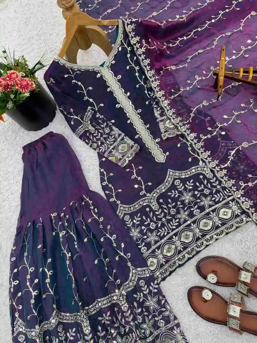 DESIGNER FENDY SILK EMBROIDERY SEQUENCE WORK TOP SHARARA WITH DUPATTA WEDDING WEAR WHOLESALE PRICE ETHNIC GARMENT (13)