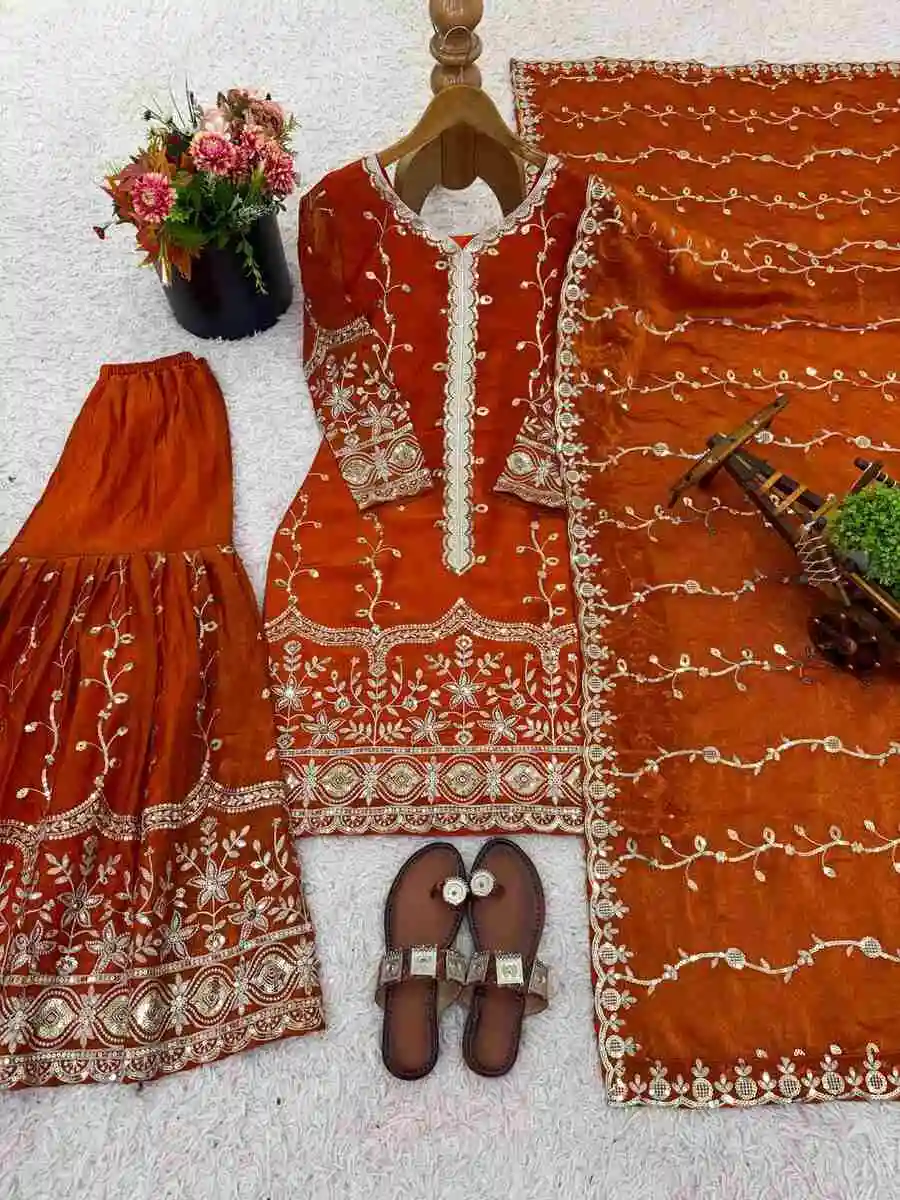 DESIGNER FENDY SILK EMBROIDERY SEQUENCE WORK TOP SHARARA WITH DUPATTA WEDDING WEAR WHOLESALE PRICE ETHNIC GARMENT (9)