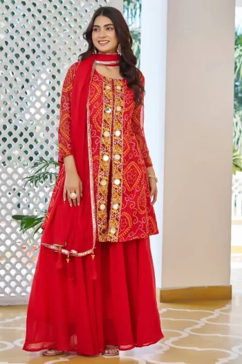 DESIGNER GEORGETTE BANDHANI PRINT ORIGINAL MIRROR WITH THREAD WITH BEADS EMBROIDERY WORK TOP PALAZZO WITH DUPATTA RED