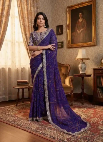DESIGNER GEORGETTE BANDHEJ PRINT WITH CUTWORK LACE BORDER WORK SAREE WITH UNSTITCHED BLOUSE PURPLE