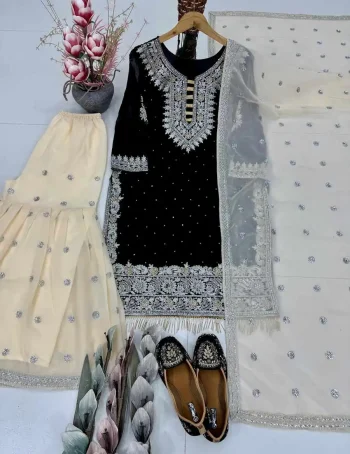 DESIGNER GEORGETTE CHAIN SEQUENCE WORK WITH FANCY LACE AND HAND WORK TOP SHARARA WITH DUPATTA BLACK