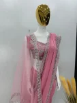 DESIGNER GEORGETTE CHAIN SEQUENCE WORK WITH PERAL HAND WORK SAREE WITH UNSTITCHED BLOUSE AND DUPATTA PARTY WEAR WHOLESALE PRICE ETHNIC GARMENT (5)
