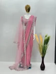 DESIGNER GEORGETTE CHAIN SEQUENCE WORK WITH PERAL HAND WORK SAREE WITH UNSTITCHED BLOUSE AND DUPATTA BABY PINK