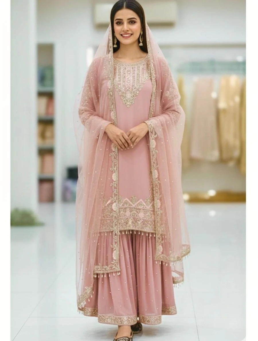 DESIGNER GEORGETTE CHAIN SEQUENCE WORK WITH PERAL MOTI HAND WORK AND FANCY LACE WORK TOP PALAZZO WITH DUPATTA FESTIVE WEAR WHOLESALE PRICE ETHNIC GARMENT (2).webp