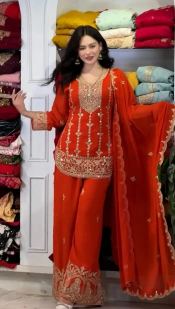 DESIGNER GEORGETTE EMBROIDERY CODDING & SEQUENCE WORK TOP PALAZZO WITH DUPATTA ORANGE