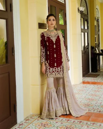 DESIGNER GEORGETTE EMBROIDERY CODING DORI-SEQUENCE AND DIAMOND WITH RIVET MOTI WORK TOP SHARARA WITH DUPATTA RED