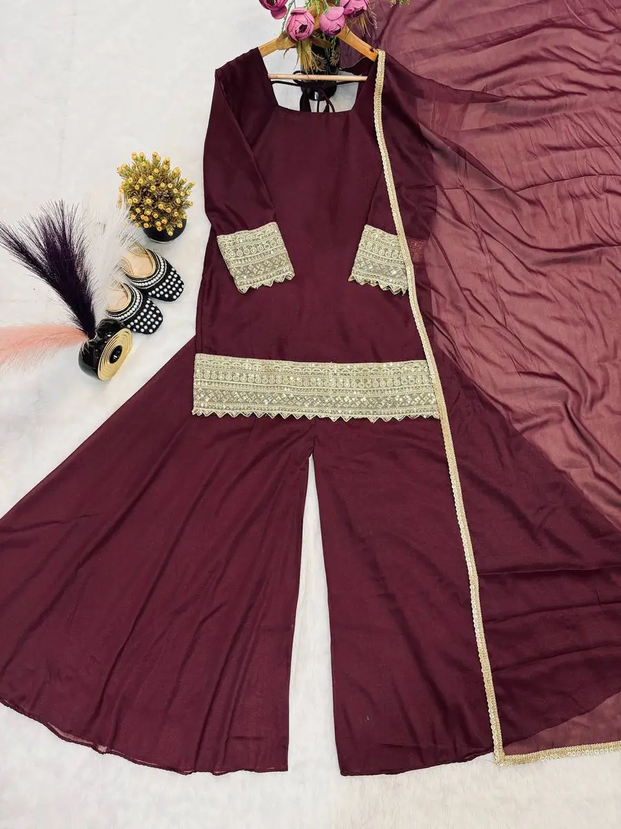 DESIGNER GEORGETTE EMBROIDERY SEQUENCE AND CODING WORK TOP PALAZZO WITH DUPATTA PARTY WEAR WHOLESALE PRICE ETHNIC GARMENT (5)