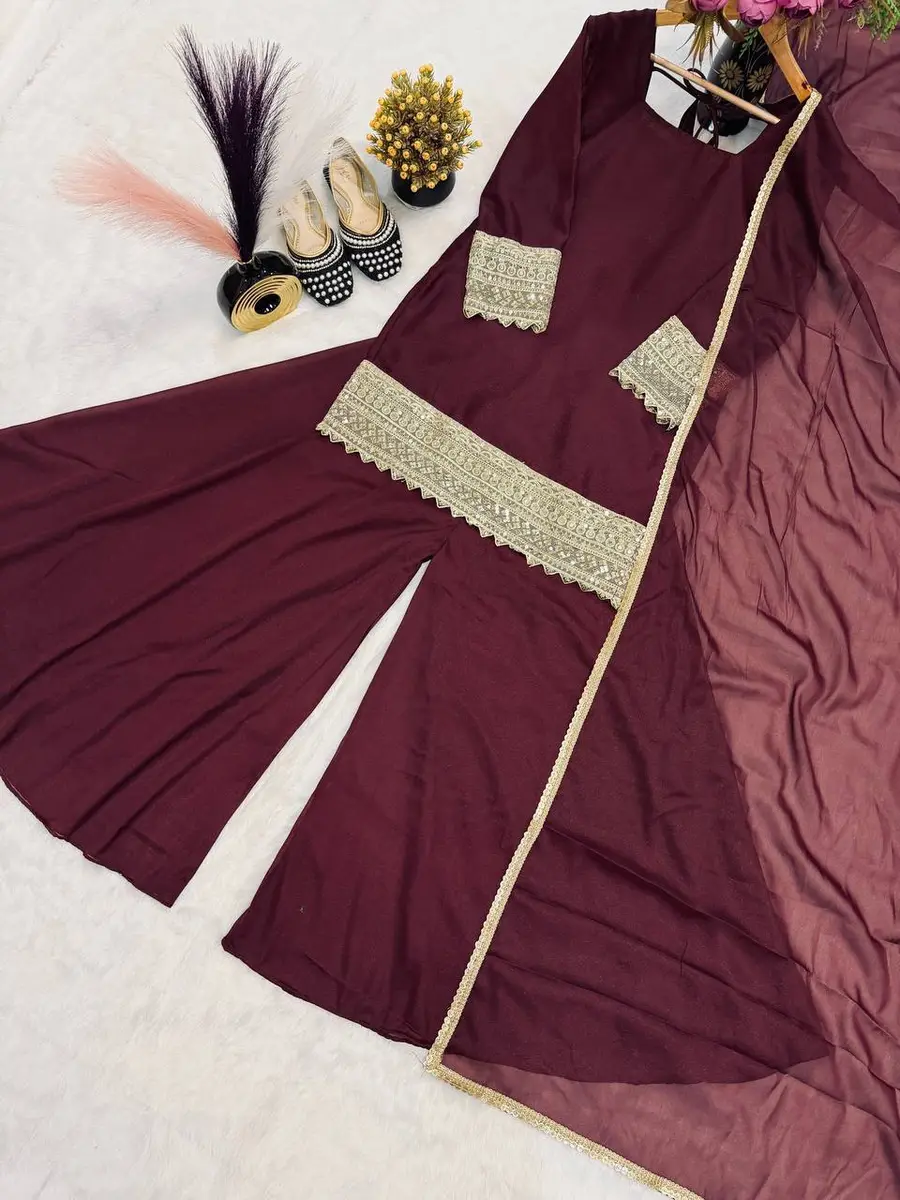 DESIGNER GEORGETTE EMBROIDERY SEQUENCE AND CODING WORK TOP PALAZZO WITH DUPATTA PARTY WEAR WHOLESALE PRICE ETHNIC GARMENT (6)