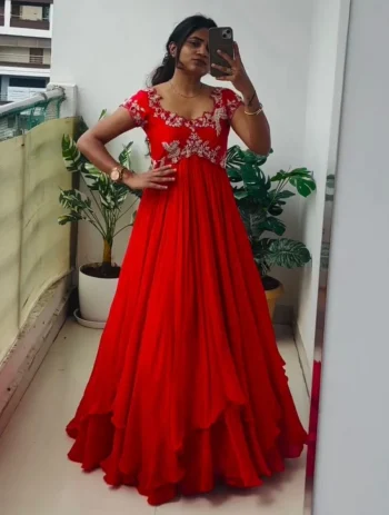 DESIGNER GEORGETTE EMBROIDERY & SEQUENCE WORK GOWN BOTTOM WITH DUPATTA RED