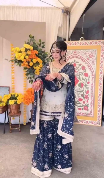 DESIGNER GEORGETTE EMBROIDERY SEQUENCE WORK TOP SHARARA WITH DUPATTA NAVY BLUE