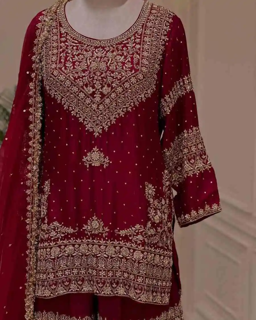 DESIGNER GEORGETTE EMBROIDERY SEQUENCE WORK TOP SHARARA WITH DUPATTA WEDDING WEAR WHOLESALE PRICE ETHNIC GARMENT (5)