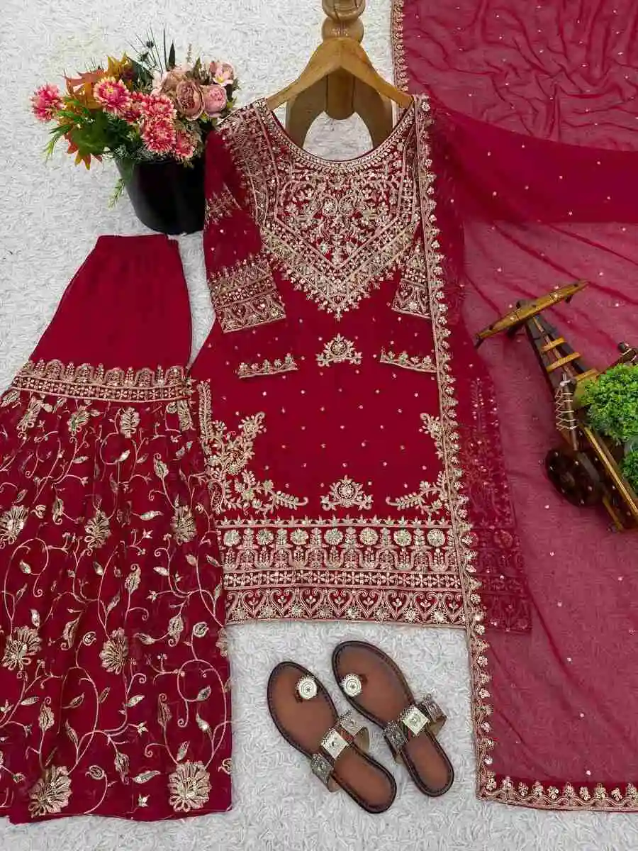 DESIGNER GEORGETTE EMBROIDERY SEQUENCE WORK TOP SHARARA WITH DUPATTA WEDDING WEAR WHOLESALE PRICE ETHNIC GARMENT (6)