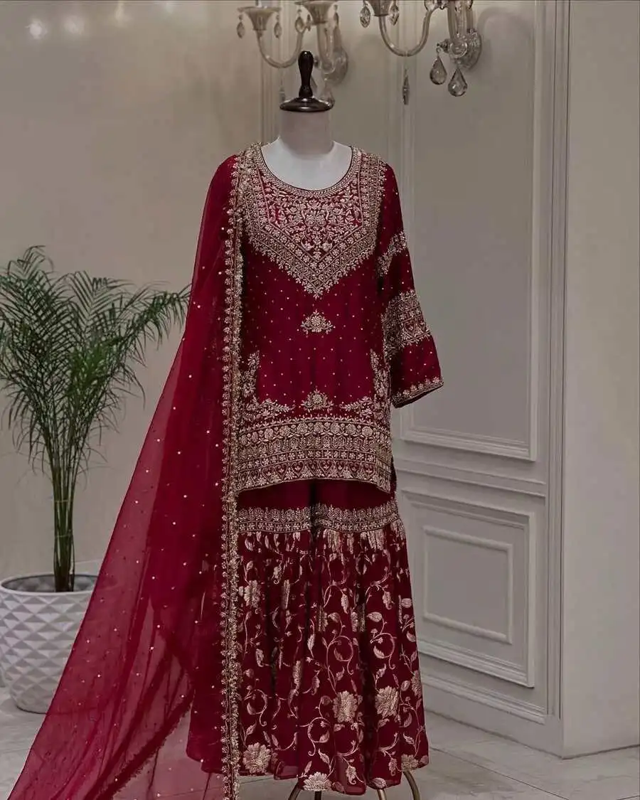 DESIGNER GEORGETTE EMBROIDERY SEQUENCE WORK TOP SHARARA WITH DUPATTA WEDDING WEAR WHOLESALE PRICE ETHNIC GARMENT (7)