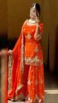 DESIGNER GEORGETTE EMBROIDERY SEQUENCE WORK WITH FANCY LACE BORDER AND PERAL MOTI HAND WORK TOP PALAZZO WITH DUPATTA ORANGE