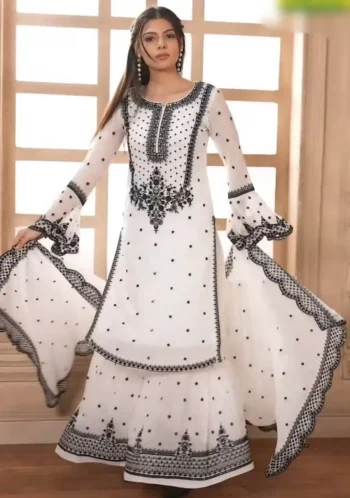 DESIGNER GEORGETTE EMBROIDERY WITH  THREAD & SEQUENCE WORK TOP SHARARA WITH DUPATTA WHITE