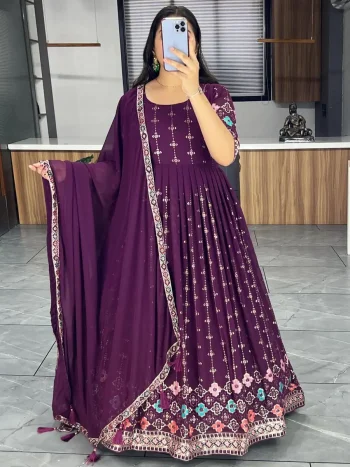 DESIGNER GEORGETTE EMBROIDERY WORK WITH SEQUENCE WORK GOWN WITH DUPATTA PURPLE