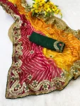 DESIGNER GEORGETTE LEHRIYA WITH EMBROIDERY CONTRAST PALLU WORK SAREE WITH UNSTITCHED BLOUSE RANI AND YELLOW