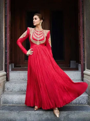 DESIGNER GEORGETTE SEQUENCE & ZARI EMBROIDERY WORK FANCY LACE WORK GOWN WITH DUPATTA RED
