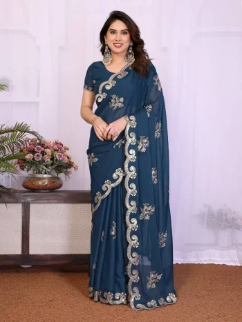 DESIGNER GEORGETTE SILK SEQUENCE EMBROIDERY WORK SAREE WITH UNSTITCHED BLOUSE TEAL