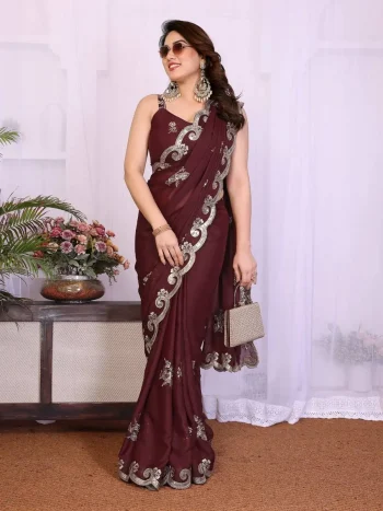 DESIGNER GEORGETTE SILK SEQUENCE EMBROIDERY WORK SAREE WITH UNSTITCHED BLOUSE BROWN