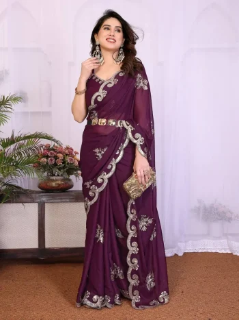 DESIGNER GEORGETTE SILK SEQUENCE EMBROIDERY WORK SAREE WITH UNSTITCHED BLOUSE PURPLE