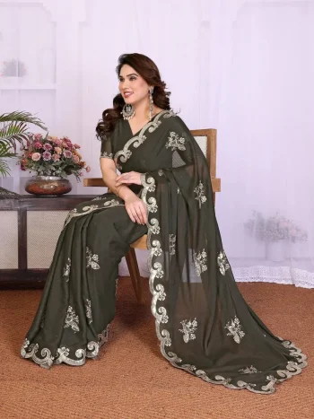 DESIGNER GEORGETTE SILK SEQUENCE EMBROIDERY WORK SAREE WITH UNSTITCHED BLOUSE MEHNDI
