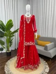DESIGNER GEORGETTE THREAD & SEQUENCE WORK TOP SHARARA WITH DUPATTA RED
