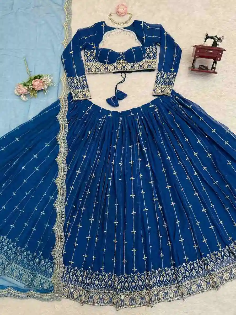 DESIGNER GEORGETTE THREAD WITH SEQUENCE WORK LEHENGA CHOLI WITH DUPATTA WEDDING WEAR WHOLESALE PRICE ETHNIC GARMENT (8)